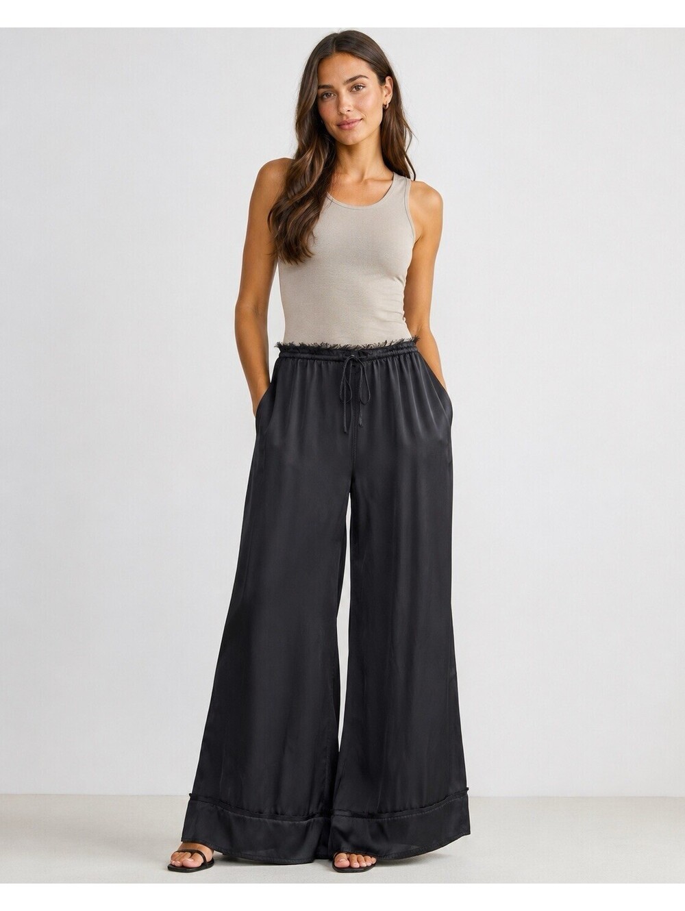 Free People Intimately Satin Wide Leg Paperbag Waist Pants Women M Black